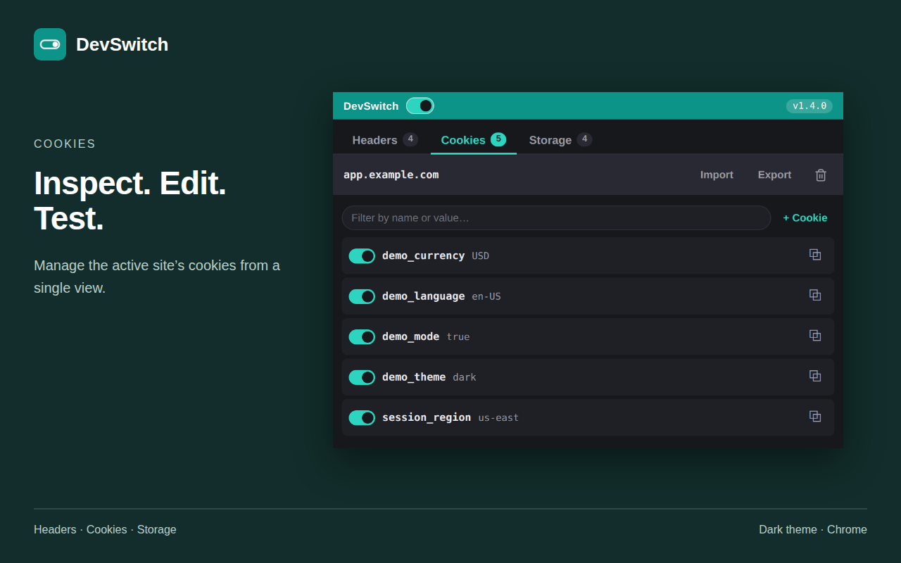 DevSwitch: Cookies, tema oscuro
