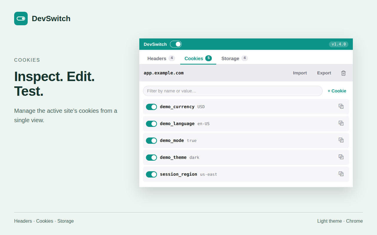 DevSwitch: Cookies, tema claro