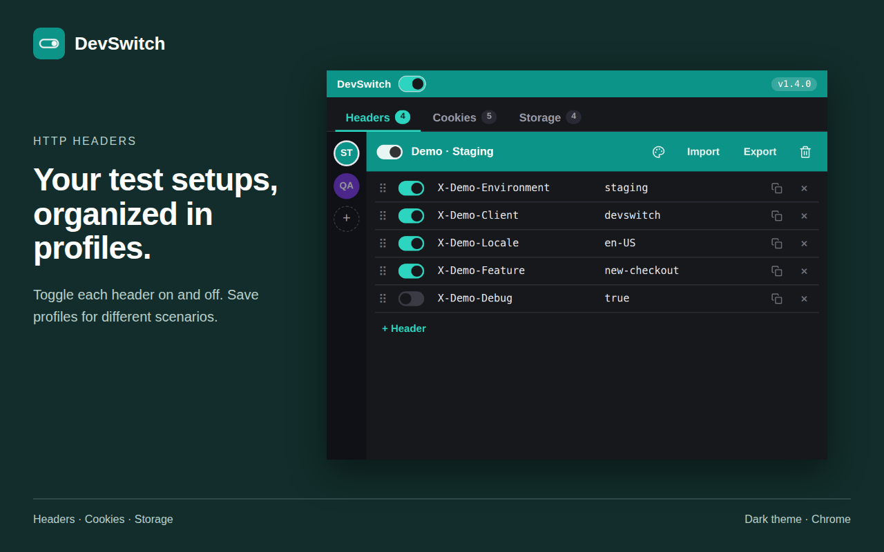 DevSwitch: Headers HTTP, tema oscuro