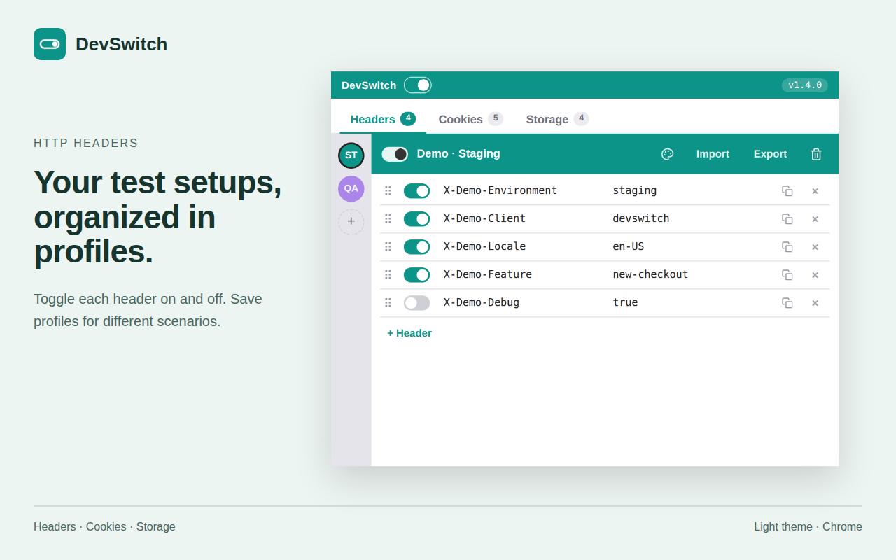 DevSwitch: Headers HTTP, tema claro