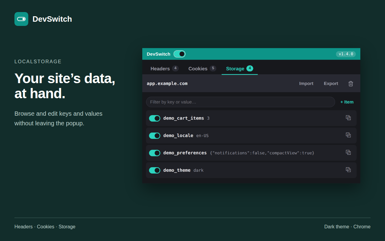 DevSwitch: LocalStorage, tema oscuro