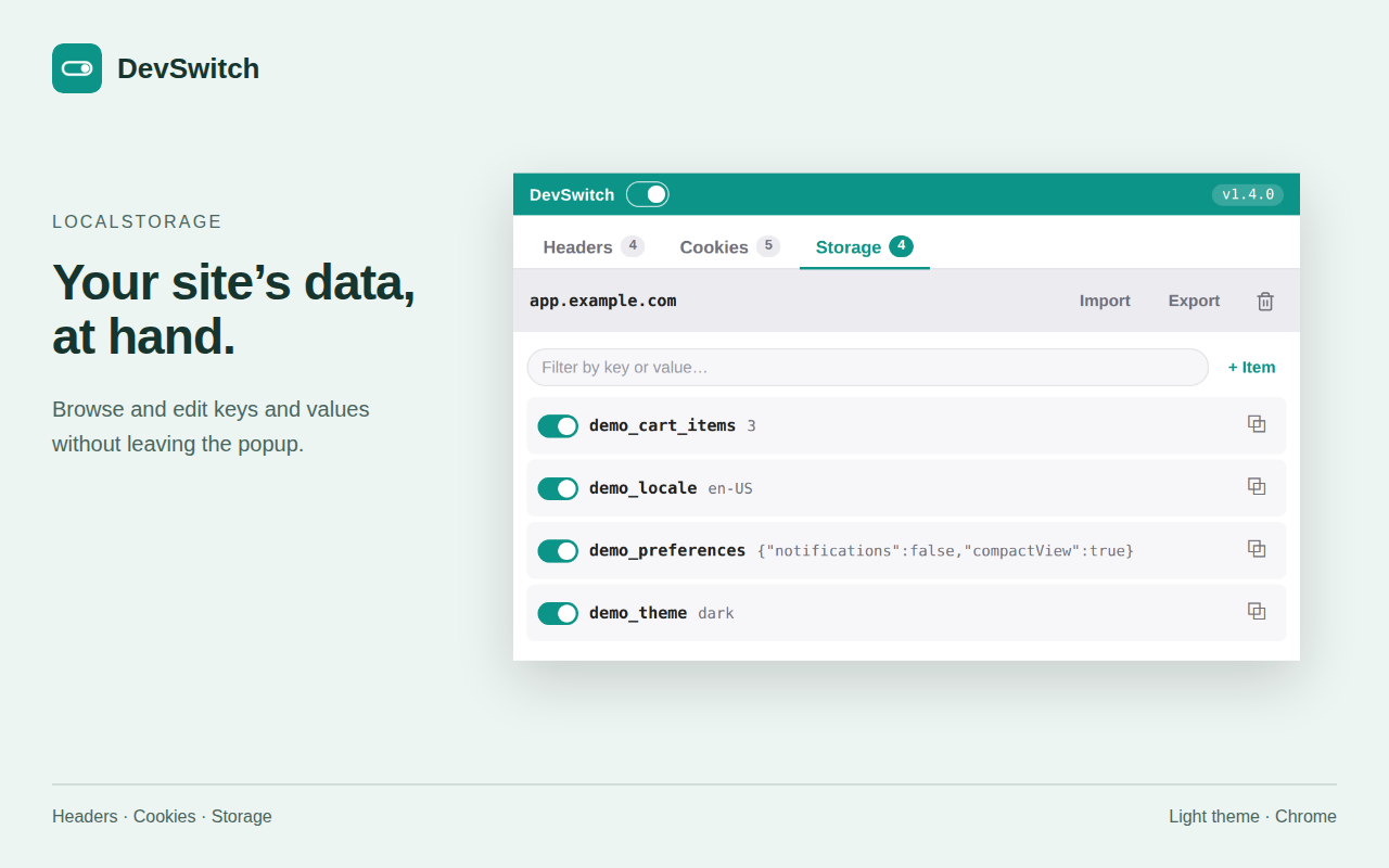 DevSwitch: LocalStorage, tema claro